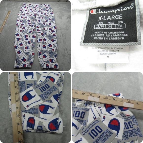 Champion Sweat Pants Mens XL White All Over Print Logo Elastic Drawstring 35x30 - Picture 1 of 16